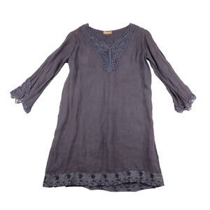 Carla Conti Italy Shift Dress Womens XS Gray Linen Lace Embroidered 3/4 Sleeve